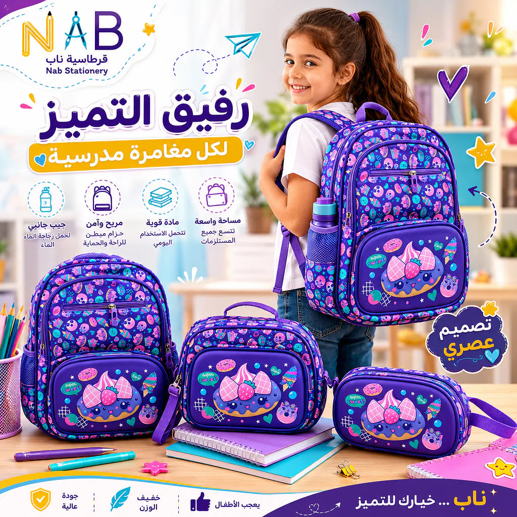 شنطة مدرسية 3 قطع لون بنفسجي